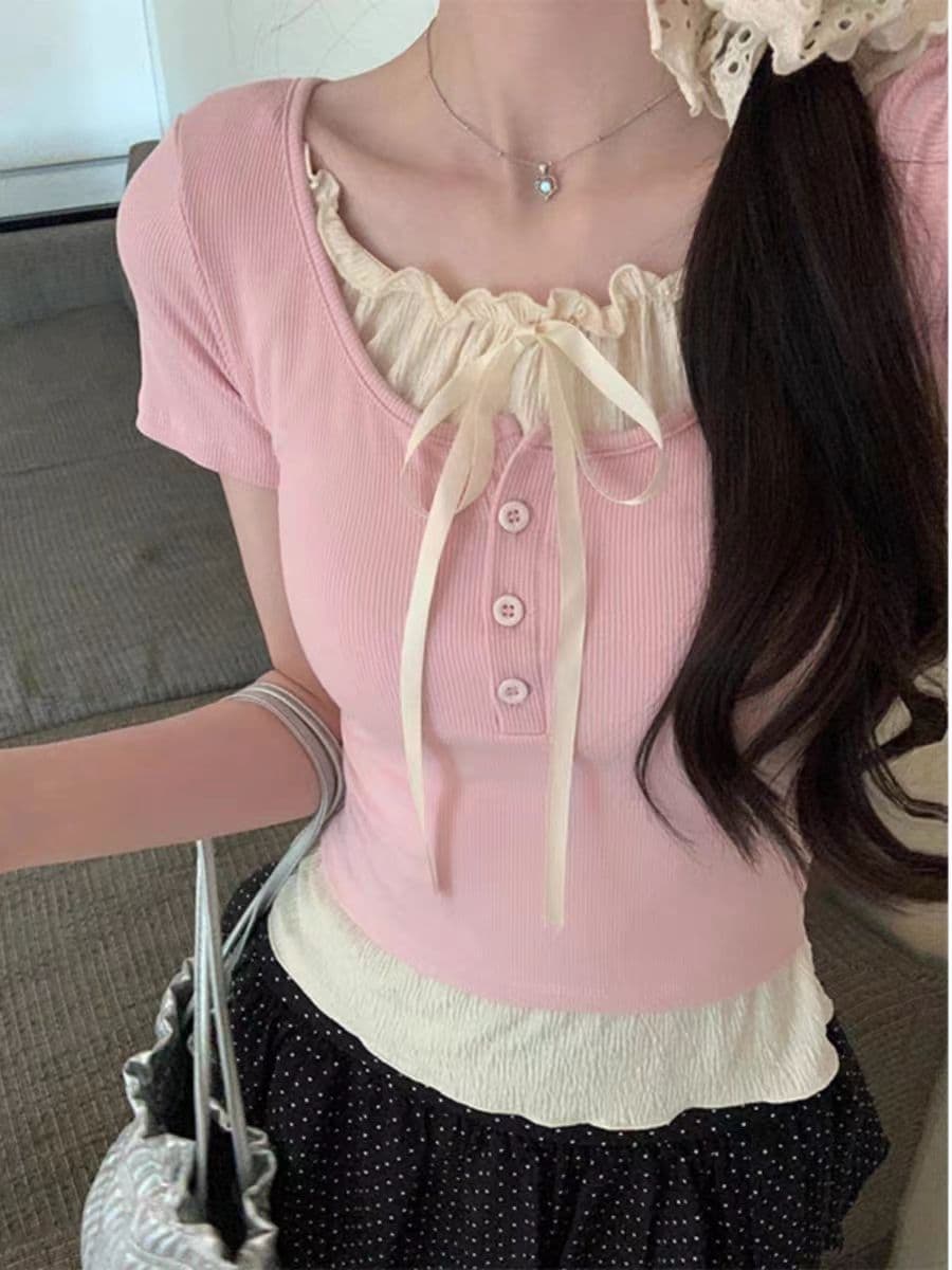 벨트 가슴 패드 아메리칸 레트로 발레 바람 연령 감소 페이크 레이어드 반팔 티셔츠 여성 디자인 센스 작은 대중 핫걸 맨위 트렌디 상세 이미지 17