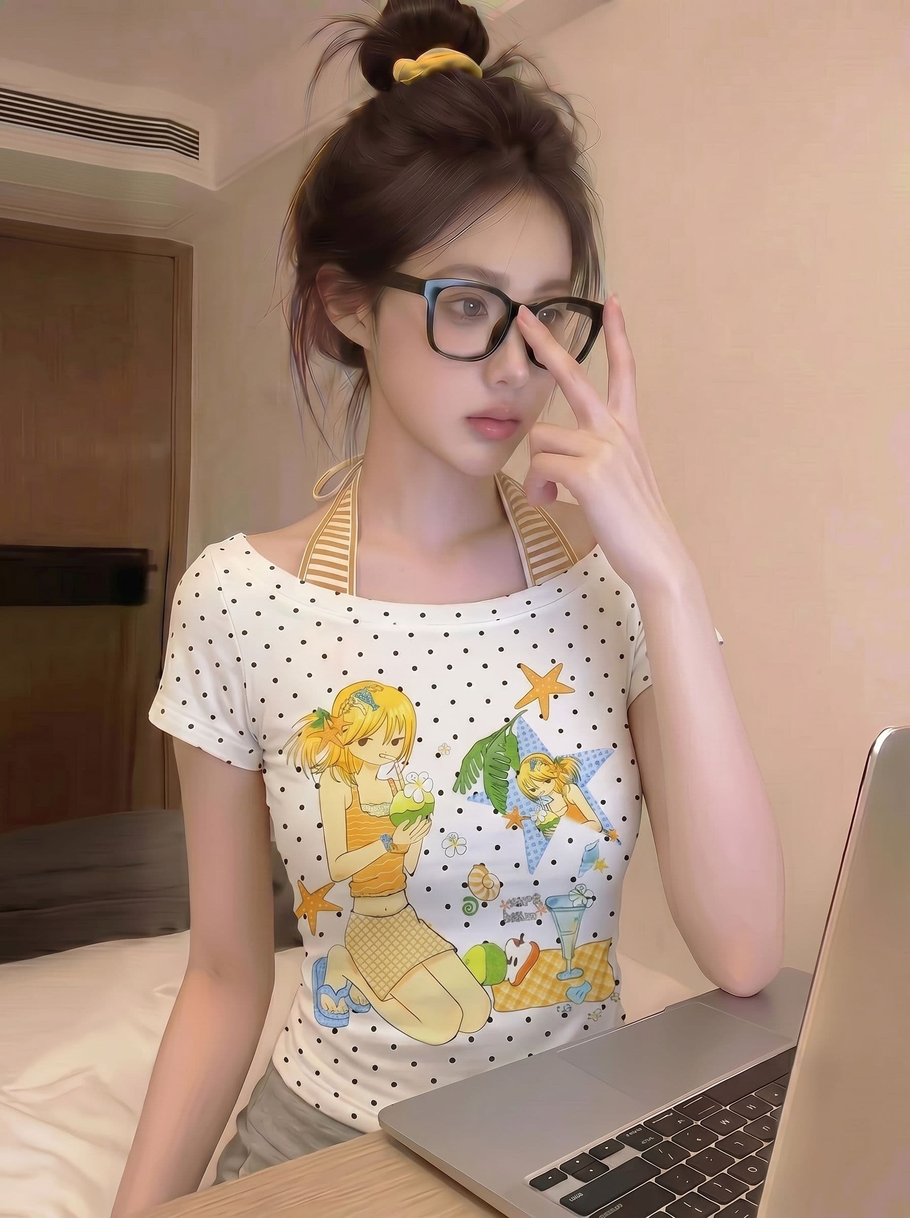 아메리칸 긍정적 인 달콤한 차가운 핫걸 애니메이션 소녀 도트 무늬 반팔 티셔츠 여성 여름 새로운 몸매 가꾸기 페이크 레이어드 맨위 트렌디 상세 이미지 8