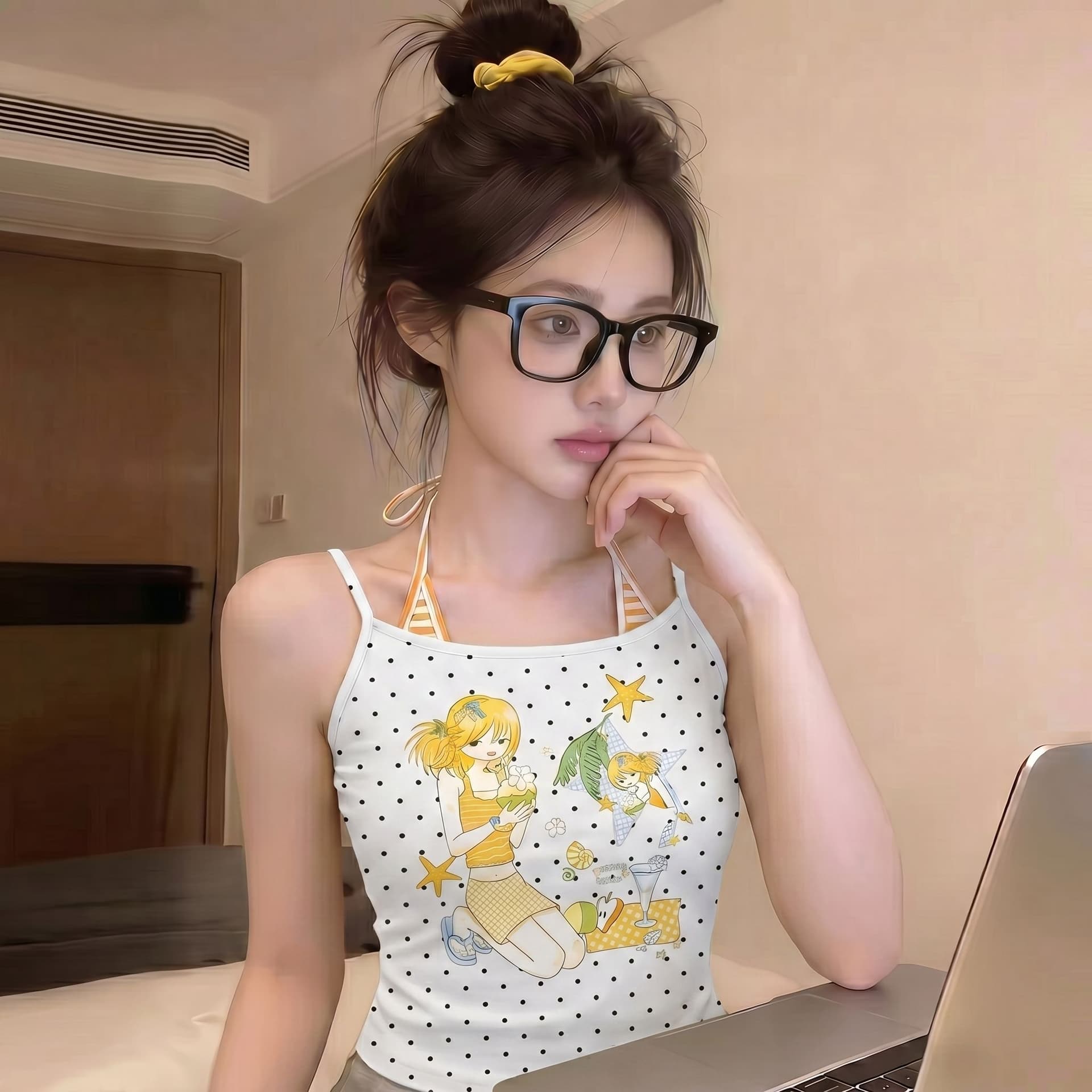 한국 스타일 아메리칸 2026 여름 새로운 핫걸 도트 무늬 y2k 프린트 페이크 레이어드 몸매 가꾸기 다용도 캐미솔 상세 이미지 4