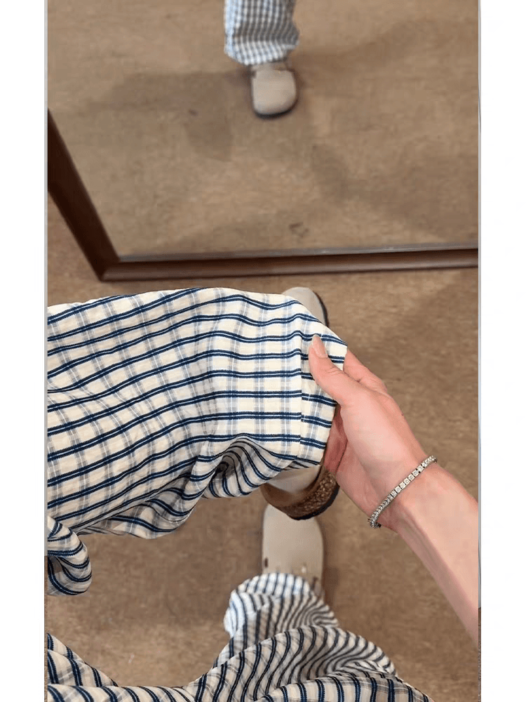 아메리칸 파란색 체크무늬 바지 여성 여름 얇은 스타일 청 순수한 시스템 느슨함 센스 바지 얼음 실크 루즈핏 느긋한 바람 와이드 레그 팬츠 상세 이미지 3