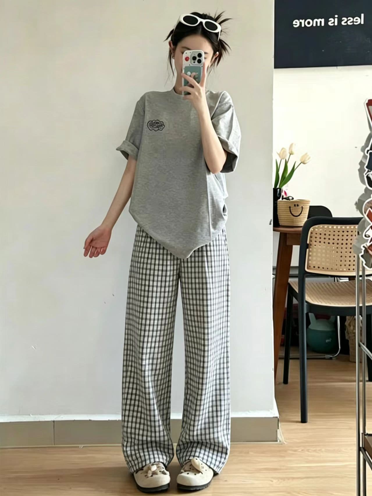 아메리칸 파란색 체크무늬 바지 여성 여름 얇은 스타일 청 순수한 시스템 느슨함 센스 바지 얼음 실크 루즈핏 느긋한 바람 와이드 레그 팬츠 상세 이미지 11