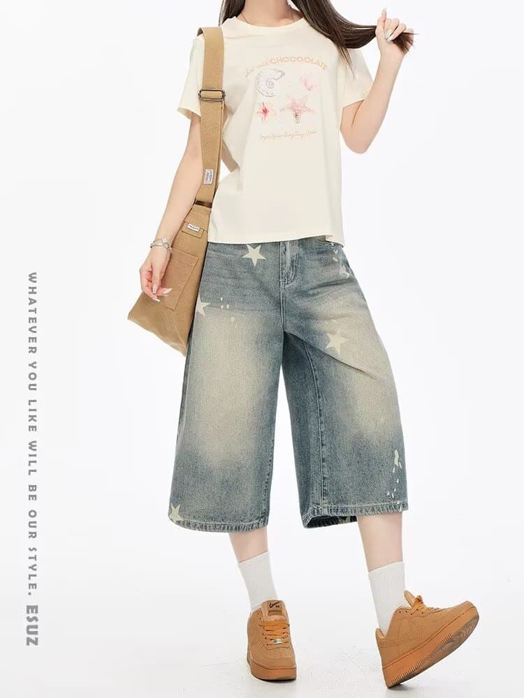 한국 스타일 아메리칸 레트로 새로운 별 프린트 데님 반바지 여성 마 오래된 워싱 루즈핏 넓은 다리 캐주얼 7부 바지 상세 이미지 4