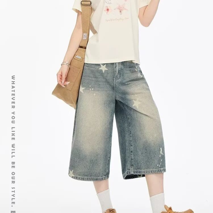 한국 스타일 아메리칸 레트로 새로운 별 프린트 데님 반바지 여성 마 오래된 워싱 루즈핏 넓은 다리 캐주얼 7부 바지 상세 이미지 21