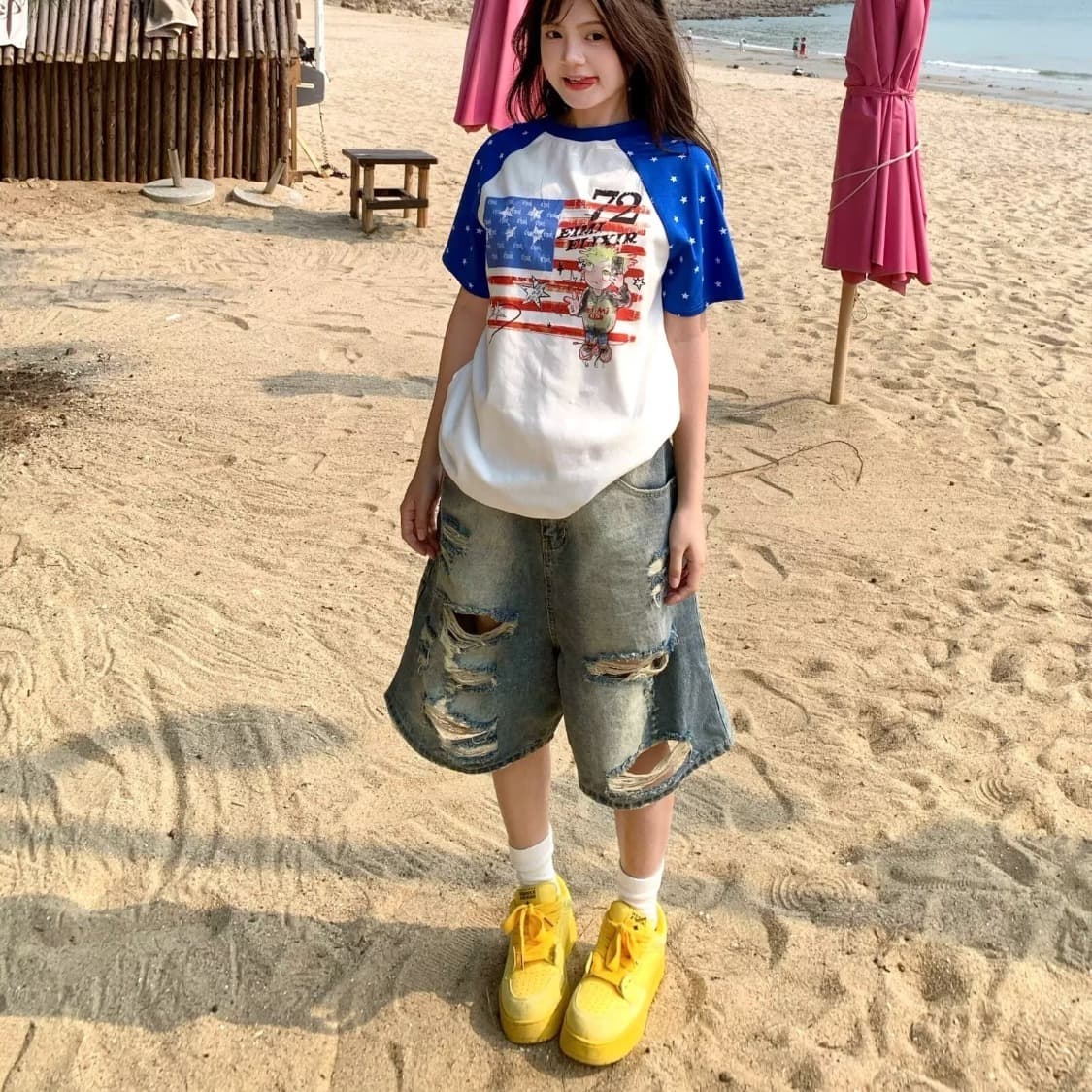 아메리칸 레트로 워싱 찢어진 부분 세련된 데님 오부 바지 남녀 여름 새로운 캐주얼 다용도 트렌드 반바지 트렌디 상세 이미지 18