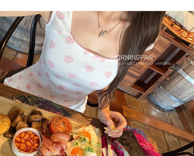 하트 프린트 u 칼라 달콤함 드레스 긍정적 인 어깨 레이스 반팔 티셔츠 여성 여름 달콤한 매운맛 소녀 작은 대중 착용 가져 가라. 상세 이미지 15