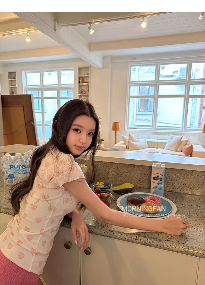 하트 프린트 u 칼라 달콤함 드레스 긍정적 인 어깨 레이스 반팔 티셔츠 여성 여름 달콤한 매운맛 소녀 작은 대중 착용 가져 가라. 상세 이미지 23