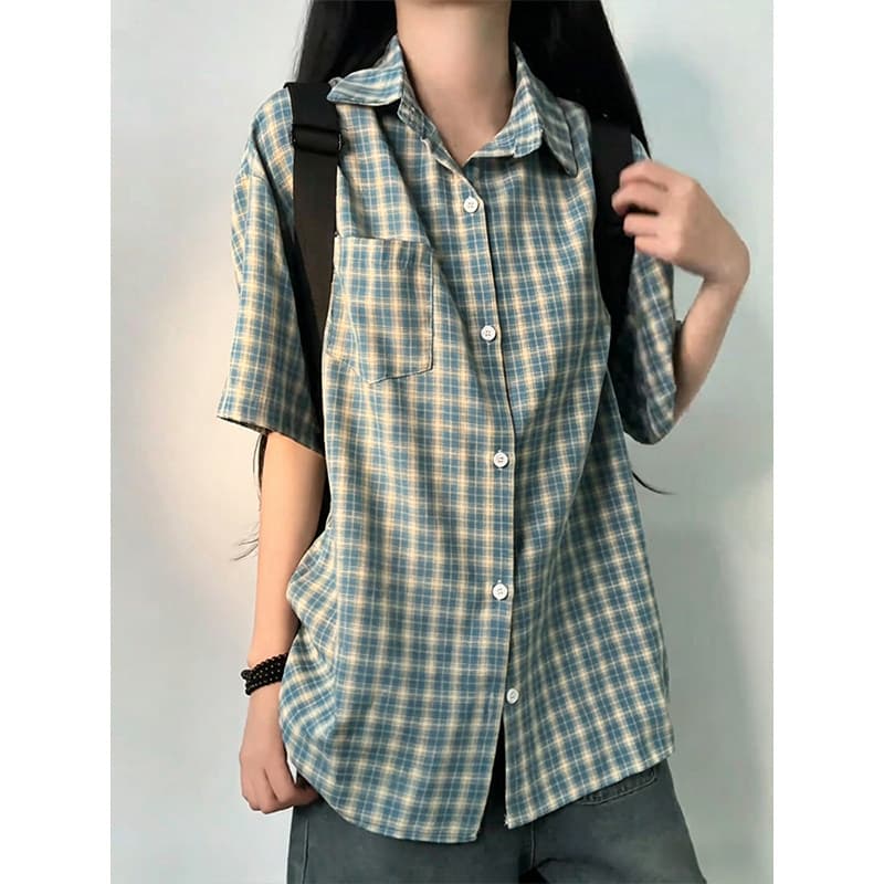레트로 항구 바람 파란색 체크무늬 셔츠 반팔 여성 여름 ootd 착용 가져 가라. 디자인 센스 루즈핏 재킷 자외선 차단 셔츠