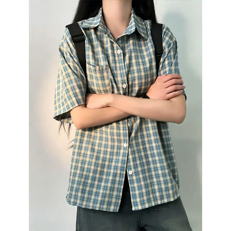 레트로 항구 바람 파란색 체크무늬 셔츠 반팔 여성 여름 ootd 착용 가져 가라. 디자인 센스 루즈핏 재킷 자외선 차단 셔츠 이미지 2