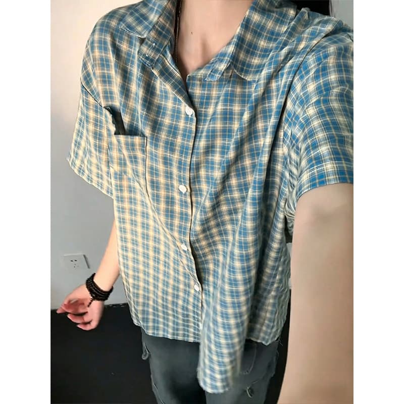 레트로 항구 바람 파란색 체크무늬 셔츠 반팔 여성 여름 ootd 착용 가져 가라. 디자인 센스 루즈핏 재킷 자외선 차단 셔츠 이미지 5