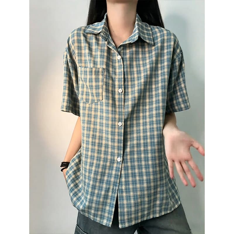 레트로 항구 바람 파란색 체크무늬 셔츠 반팔 여성 여름 ootd 착용 가져 가라. 디자인 센스 루즈핏 재킷 자외선 차단 셔츠 상세 이미지 6