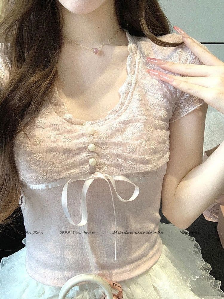 한국 스타일 아메리칸 모달 부드러운 레이스 조각 티셔츠 여성 여름 펌프 Pleat 레이스업 허리 수축 슬림해 보이는 달콤한 자매 맨위 이미지 4