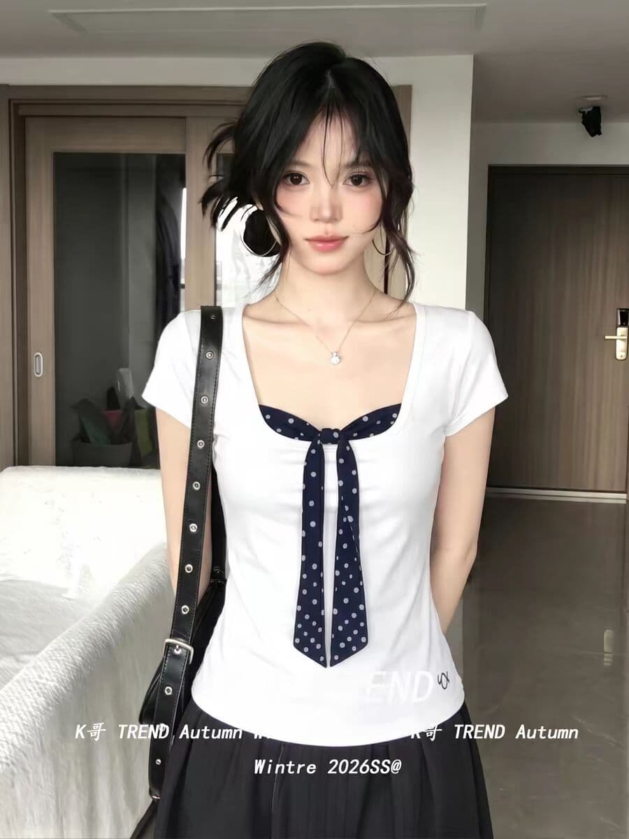 한국 스타일 아메리칸 여름 새로운 화이트 나비 매듭 도트 무늬 페이크 레이어드 반팔 티셔츠 여성 몸매 가꾸기 핫걸 맨위 트렌디 상세 이미지 7