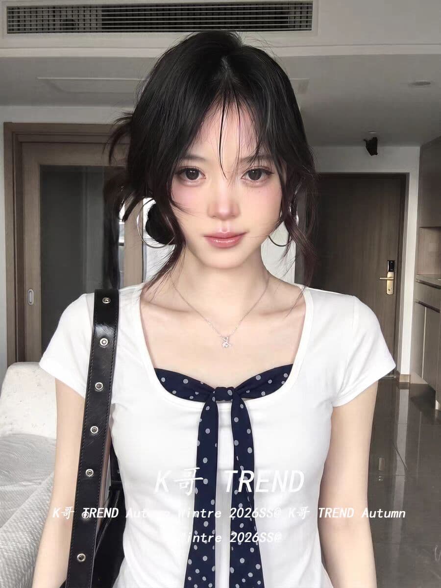 한국 스타일 아메리칸 여름 새로운 화이트 나비 매듭 도트 무늬 페이크 레이어드 반팔 티셔츠 여성 몸매 가꾸기 핫걸 맨위 트렌디 상세 이미지 9
