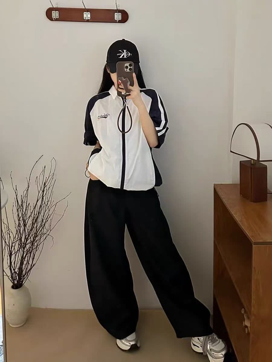 한국 스타일 아메리칸 여름 새로운 배색 셔츠 지퍼 패치워크 반팔 운동 통기성 속도 건조한 셔츠 재킷 남녀 상세 이미지 7