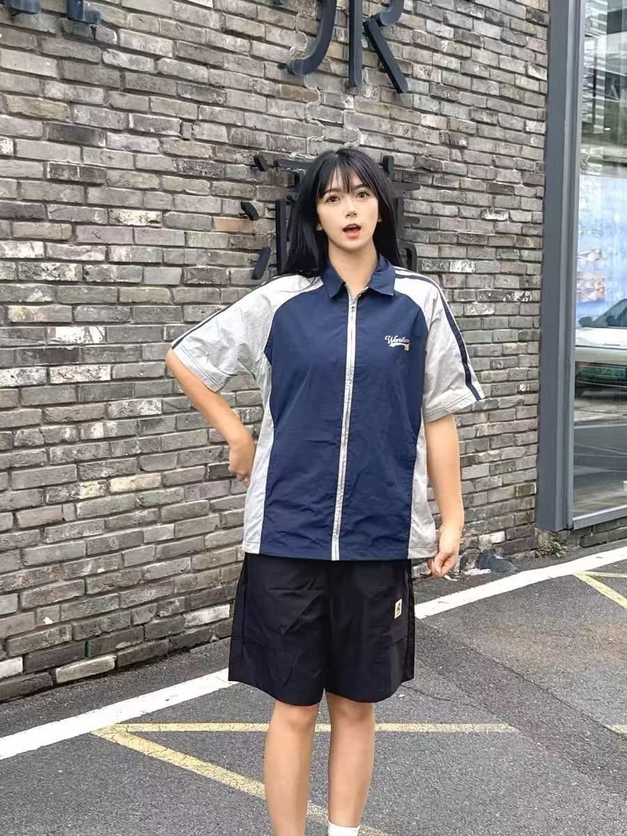 한국 스타일 아메리칸 여름 새로운 배색 셔츠 지퍼 패치워크 반팔 운동 통기성 속도 건조한 셔츠 재킷 남녀 상세 이미지 16