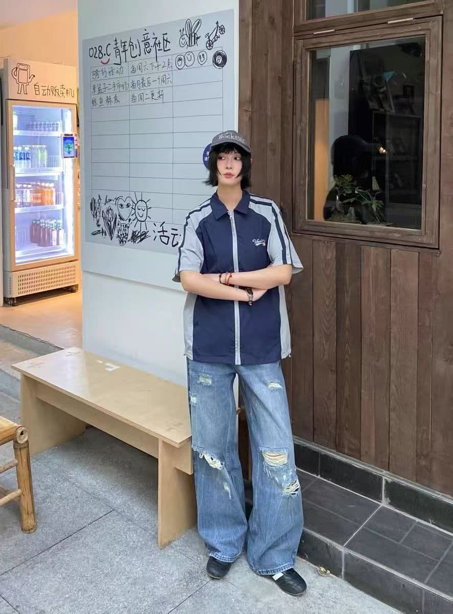 한국 스타일 아메리칸 여름 새로운 배색 셔츠 지퍼 패치워크 반팔 운동 통기성 속도 건조한 셔츠 재킷 남녀 상세 이미지 21