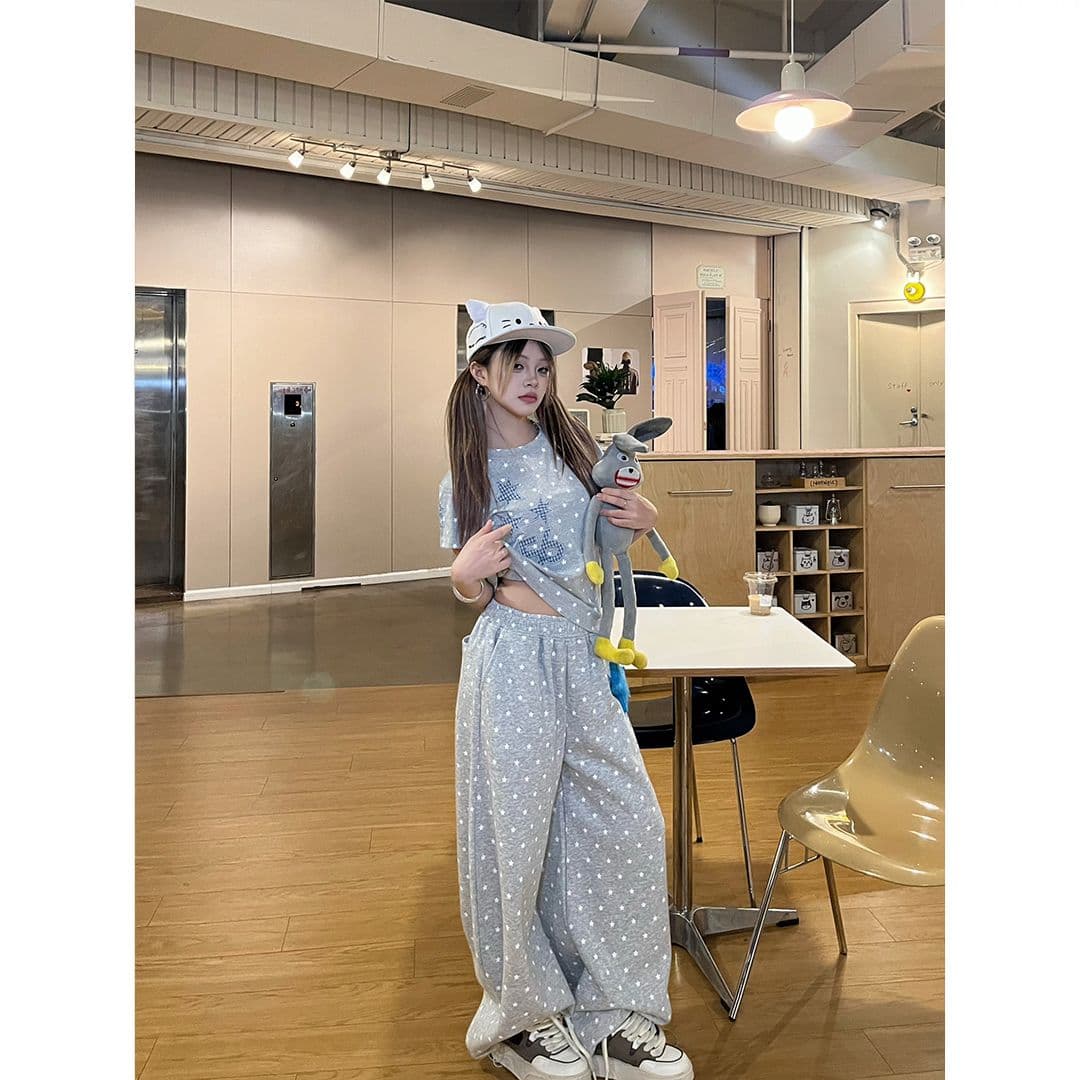 두 조각 여성 세트 2026 여름 새로운 한 부서 아메리칸 레트로 별 자수 반팔 넓은 다리 길이 바지 세트 핫걸 상세 이미지 10
