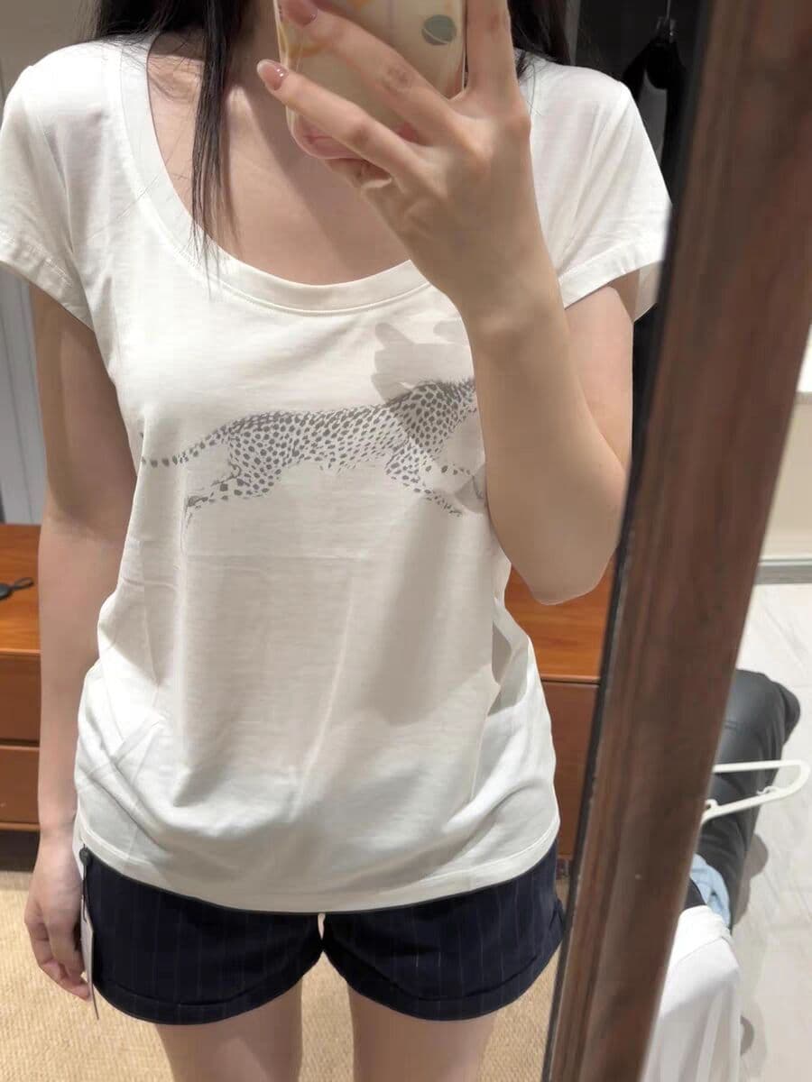 한국 스타일 아메리칸 더블 실 라이 경기 서울 한 부서 여름 새로운 레트로 표범 프린트 라운드 넥 반팔 티셔츠 여성 ins 트렌디 이미지 4
