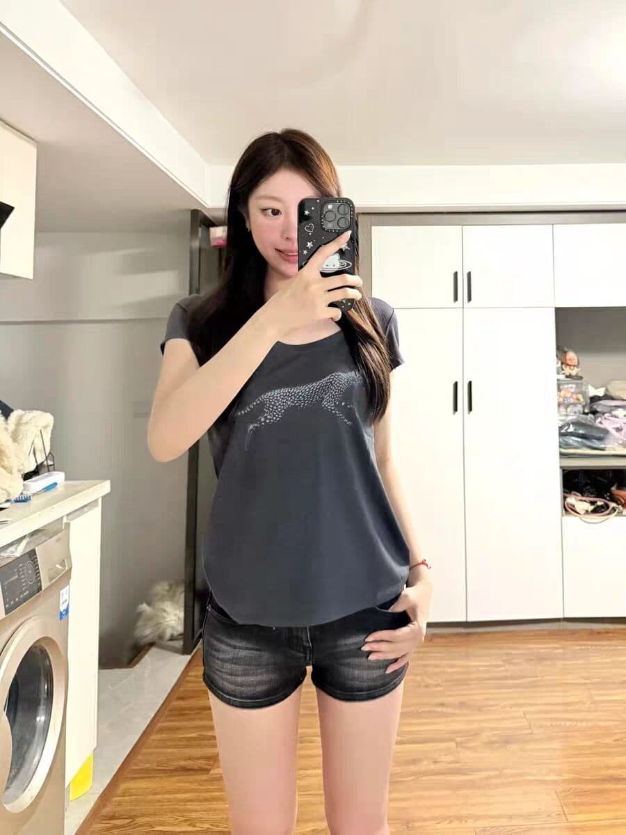 한국 스타일 아메리칸 더블 실 라이 경기 서울 한 부서 여름 새로운 레트로 표범 프린트 라운드 넥 반팔 티셔츠 여성 ins 트렌디 상세 이미지 3
