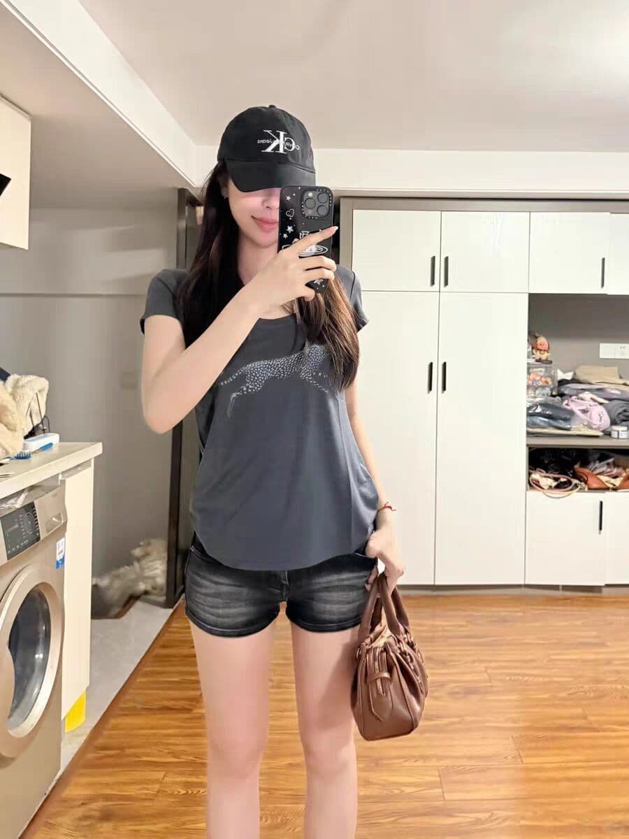 한국 스타일 아메리칸 더블 실 라이 경기 서울 한 부서 여름 새로운 레트로 표범 프린트 라운드 넥 반팔 티셔츠 여성 ins 트렌디 상세 이미지 5