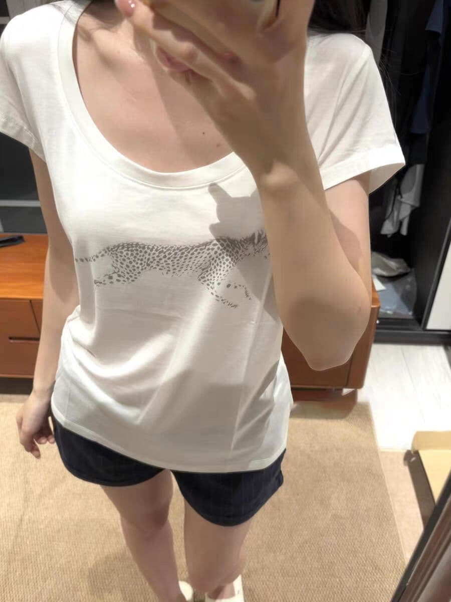 한국 스타일 아메리칸 더블 실 라이 경기 서울 한 부서 여름 새로운 레트로 표범 프린트 라운드 넥 반팔 티셔츠 여성 ins 트렌디 상세 이미지 7