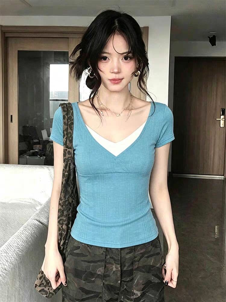 한국 스타일 아메리칸 불규칙 구덩이 기사 여름 새로운 한 부서 레이크 블루 색상 V넥 페이크 레이어드 작은 대중 반팔 티셔츠 여성 트렌디 상세 이미지 1