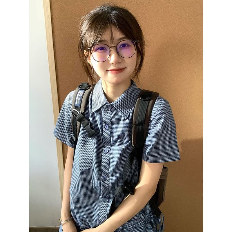 한국 스타일 아메리칸 체크무늬 반팔 여성 셔츠 여름 펌프 로프 허리 수축 레이스 셔츠 재킷 캐주얼 학원 스타일 맨위 이미지 3