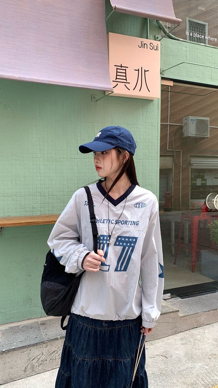 여름 새로운 얇은 스타일 아메리칸 레트로 V넥 알파벳 프린트 루즈핏 맨위 느긋한 센스 풀오버 자외선 차단 의류 저지 상세 이미지 19