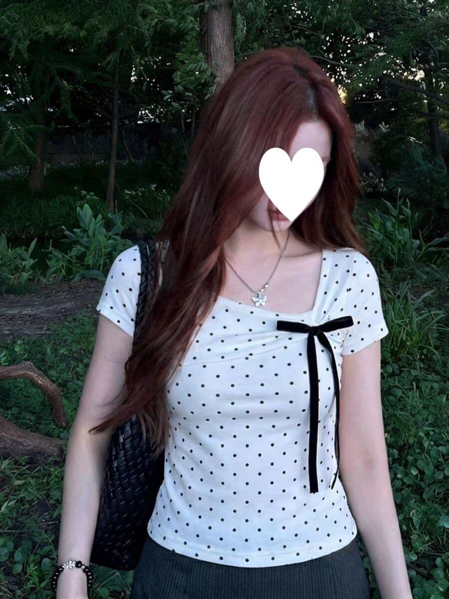 한국 스타일 아메리칸 미니멀리즘 부드러운 바람 도트 무늬 디자인 센스 작은 대중 나비 매듭 여름 새로운 반팔 티셔츠 맨위 여성 상세 이미지 7