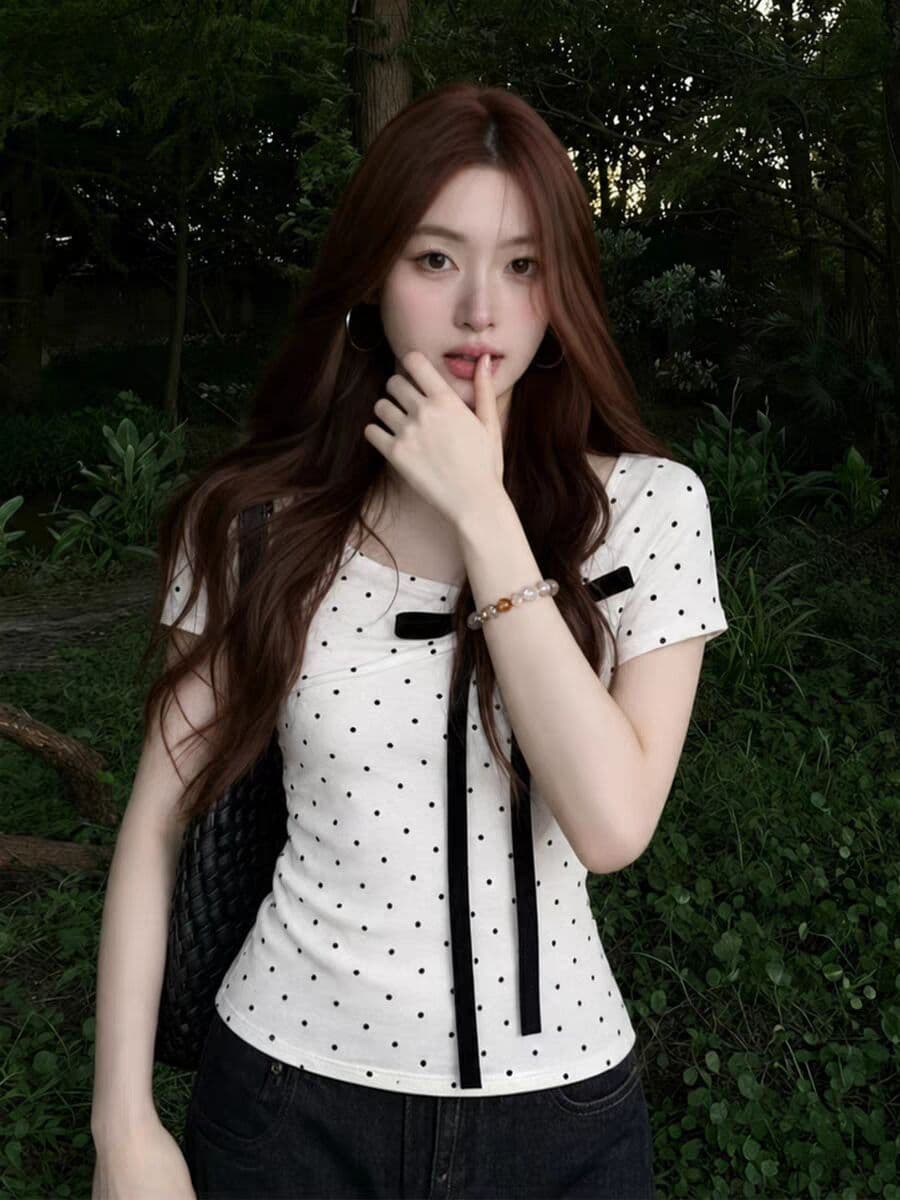 한국 스타일 아메리칸 미니멀리즘 부드러운 바람 도트 무늬 디자인 센스 작은 대중 나비 매듭 여름 새로운 반팔 티셔츠 맨위 여성 상세 이미지 8