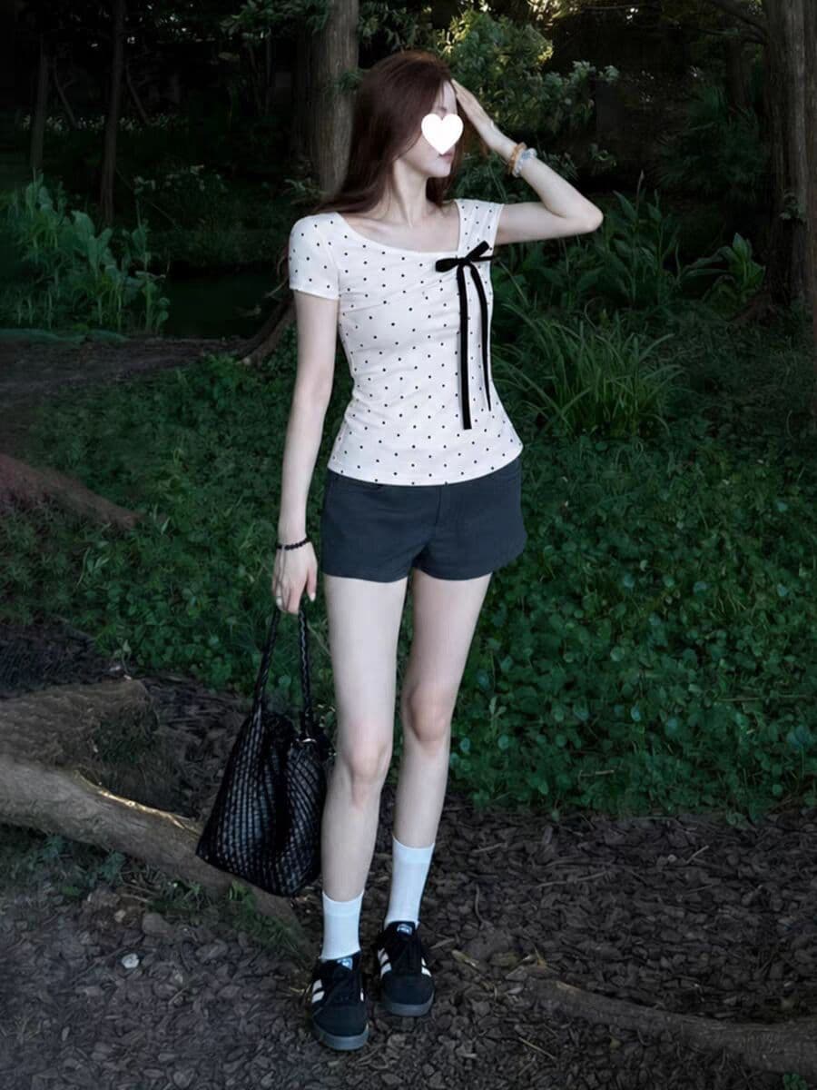 한국 스타일 아메리칸 미니멀리즘 부드러운 바람 도트 무늬 디자인 센스 작은 대중 나비 매듭 여름 새로운 반팔 티셔츠 맨위 여성 상세 이미지 9