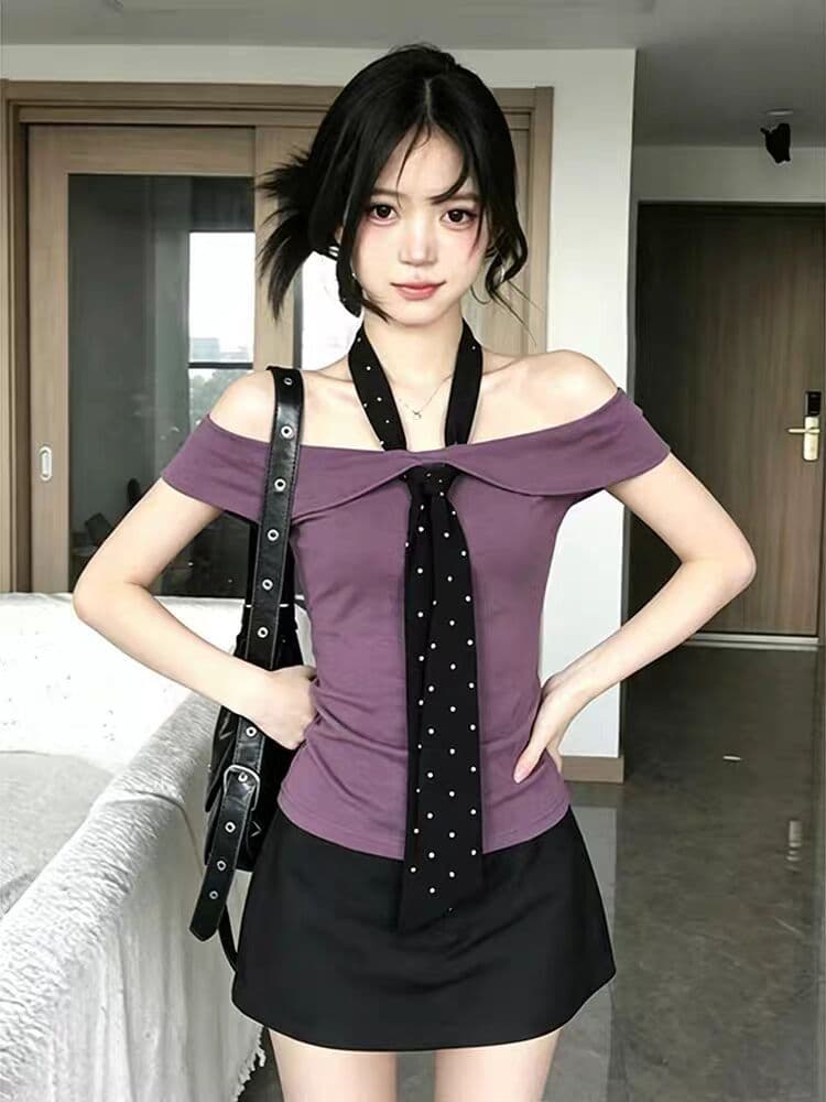 2026 여름 새로운 한 부서 순수한 욕망 도트 무늬 스트랩 오프숄더 반팔 티셔츠 여성 ins 트렌디 몸매 가꾸기 슬림해 보이는 맨위 상세 이미지 9