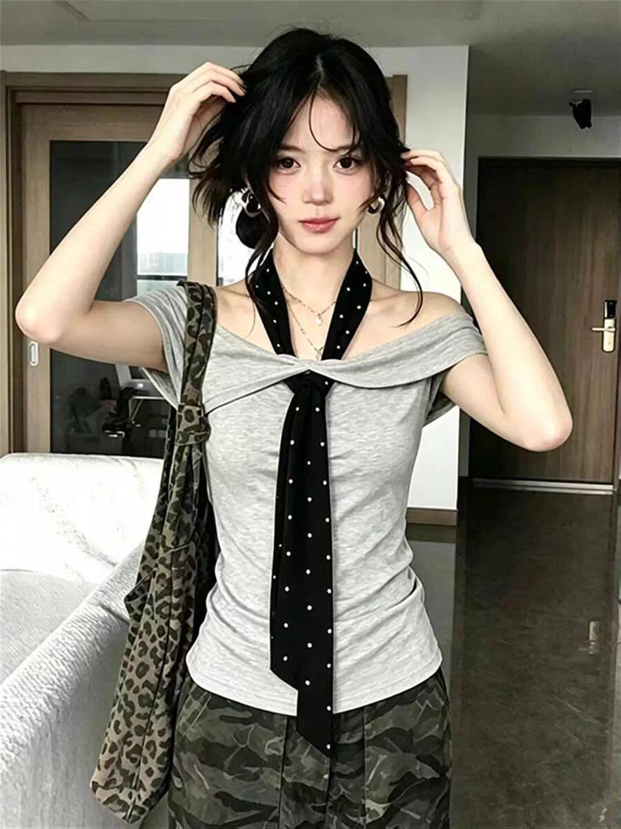 2026 여름 새로운 한 부서 순수한 욕망 도트 무늬 스트랩 오프숄더 반팔 티셔츠 여성 ins 트렌디 몸매 가꾸기 슬림해 보이는 맨위 상세 이미지 14