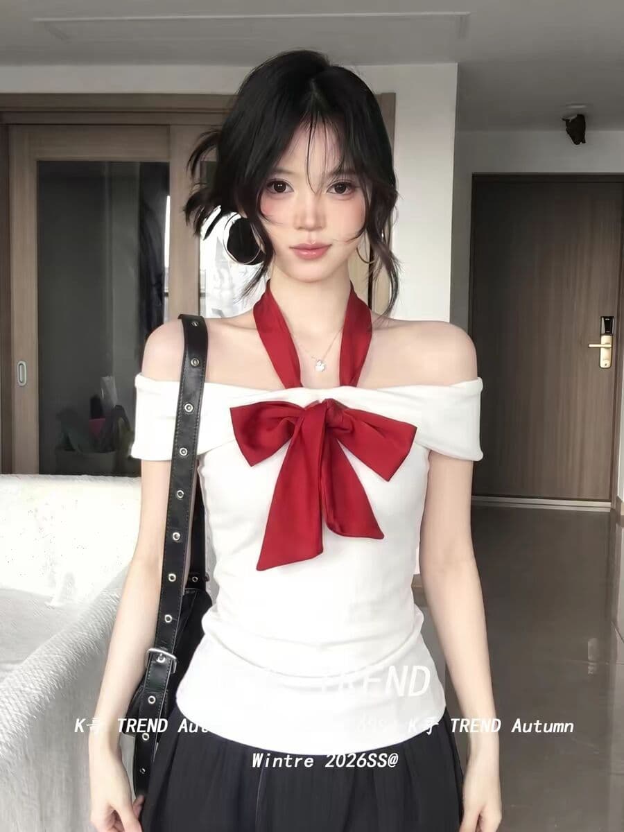 2026 여름 새로운 한 부서 순수한 욕망 도트 무늬 스트랩 오프숄더 반팔 티셔츠 여성 ins 트렌디 몸매 가꾸기 슬림해 보이는 맨위 상세 이미지 16