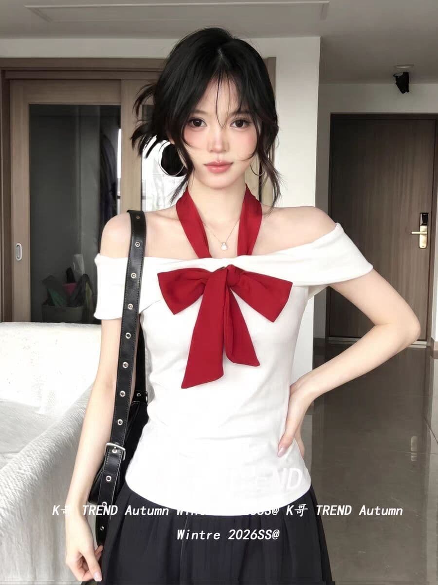 2026 여름 새로운 한 부서 순수한 욕망 도트 무늬 스트랩 오프숄더 반팔 티셔츠 여성 ins 트렌디 몸매 가꾸기 슬림해 보이는 맨위 상세 이미지 17