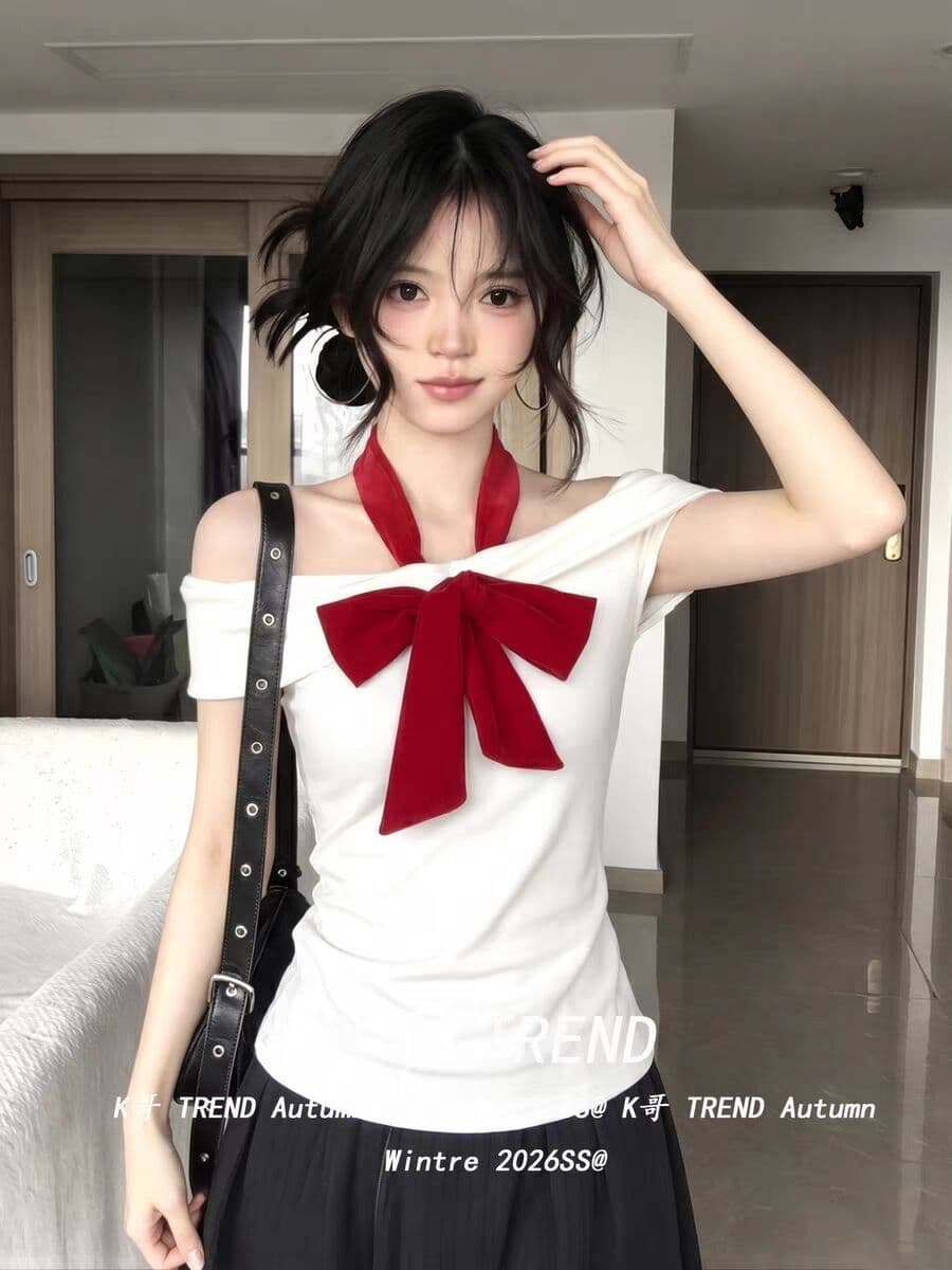2026 여름 새로운 한 부서 순수한 욕망 도트 무늬 스트랩 오프숄더 반팔 티셔츠 여성 ins 트렌디 몸매 가꾸기 슬림해 보이는 맨위 상세 이미지 19