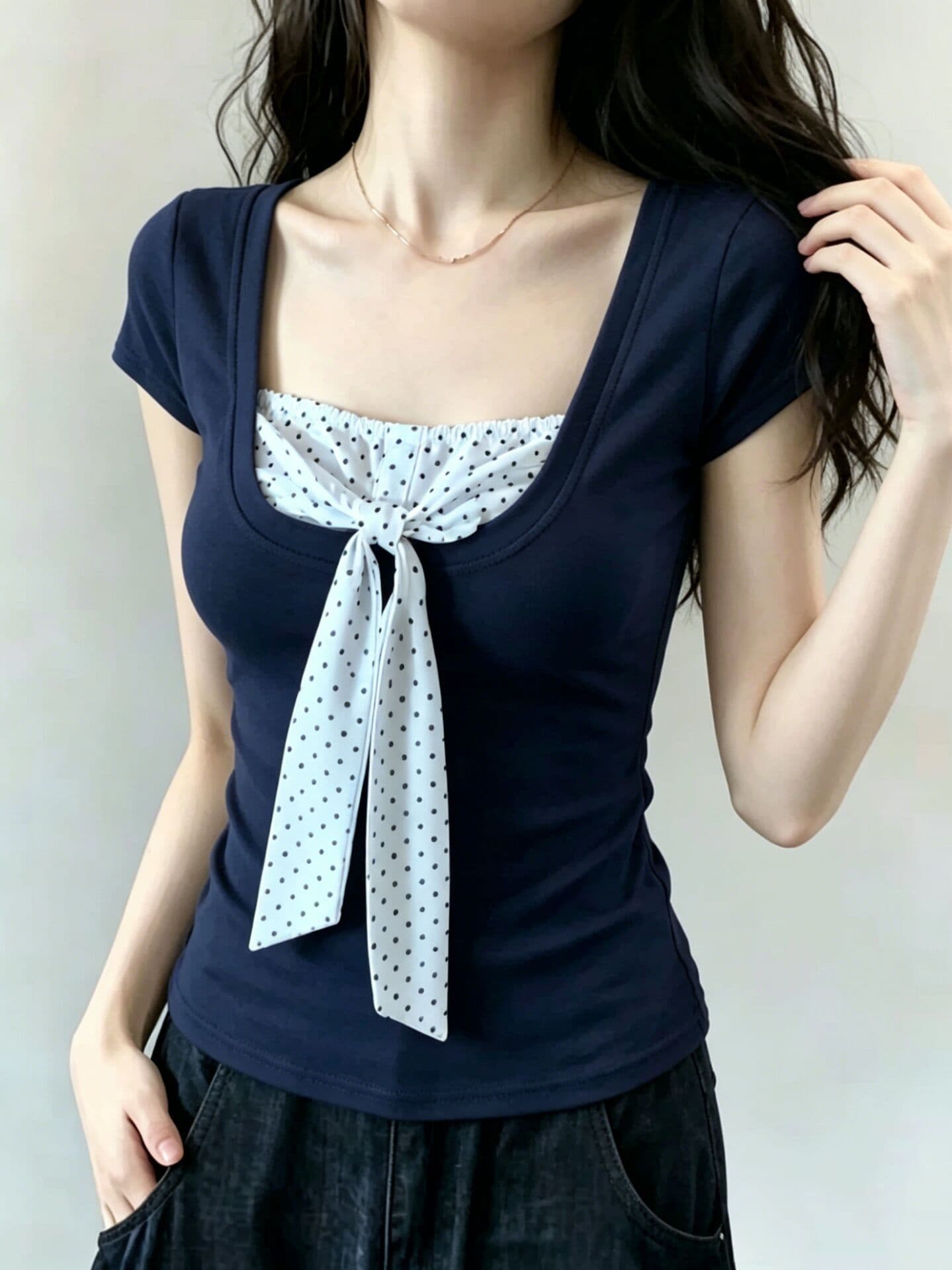 한국 스타일 아메리칸 여름 새로운 배색 페이크 레이어드 광장 칼라 반팔 티셔츠 여성 도트 무늬 나비 매듭 슬림해 보이는 맨위 이미지 2