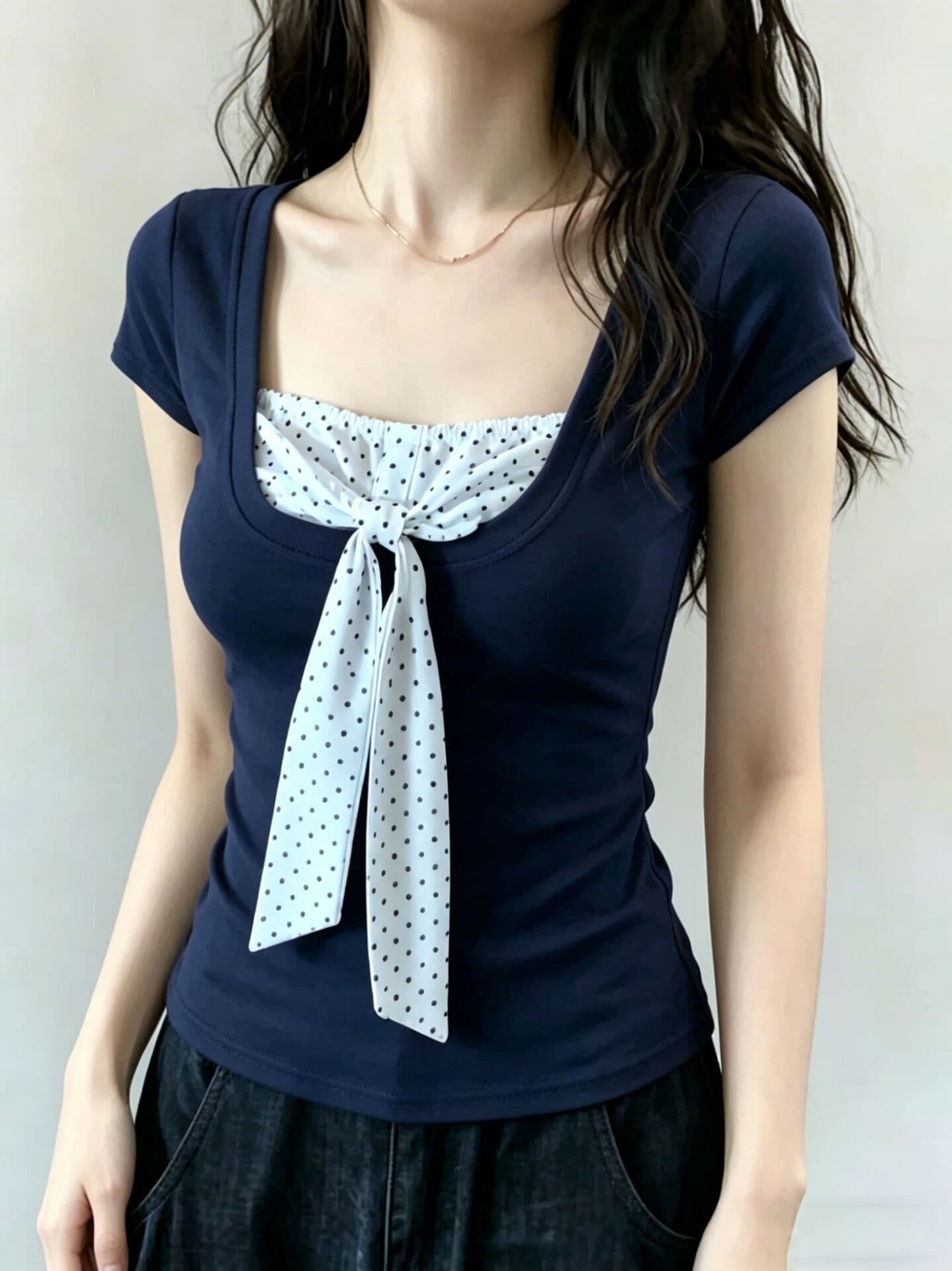 한국 스타일 아메리칸 여름 새로운 배색 페이크 레이어드 광장 칼라 반팔 티셔츠 여성 도트 무늬 나비 매듭 슬림해 보이는 맨위 상세 이미지 2