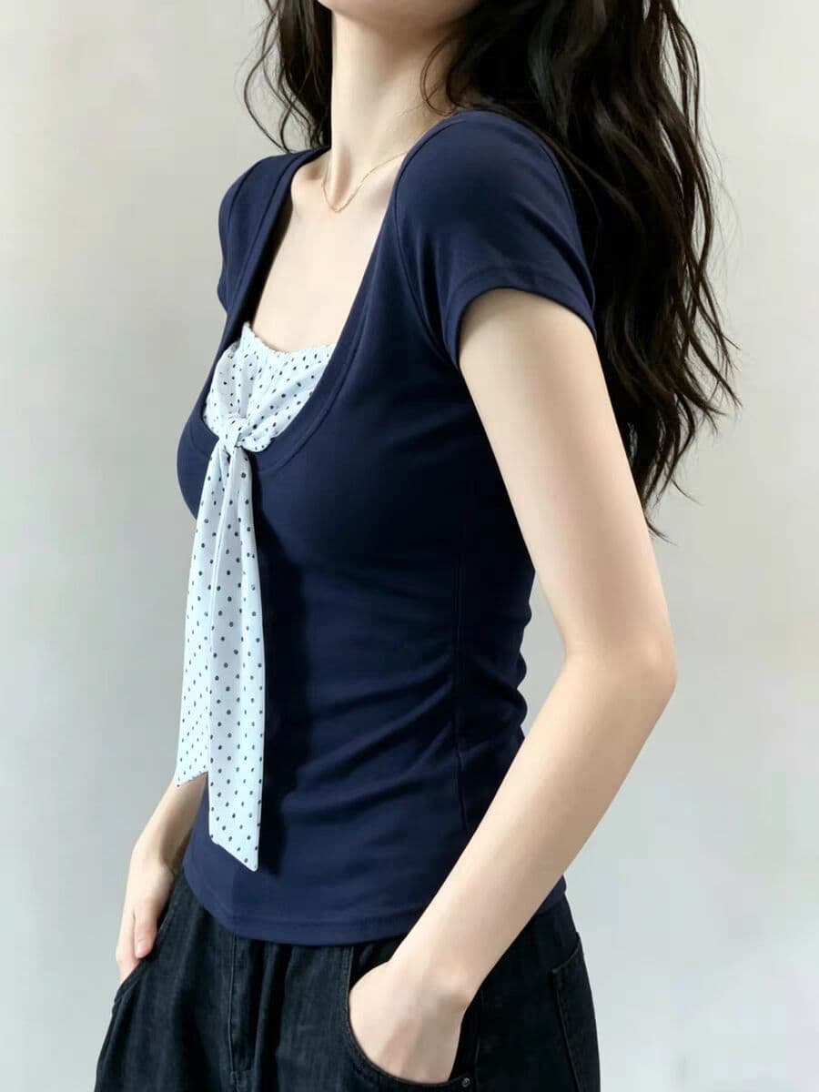 한국 스타일 아메리칸 여름 새로운 배색 페이크 레이어드 광장 칼라 반팔 티셔츠 여성 도트 무늬 나비 매듭 슬림해 보이는 맨위 상세 이미지 5