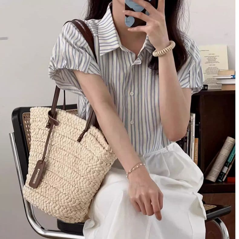 한국 아메리칸 한 부서 레트로 스트라이프 반팔 여성 셔츠 여름 새로운 2026 섹션 셔츠 프랑스식 품격 맨위 이미지 2