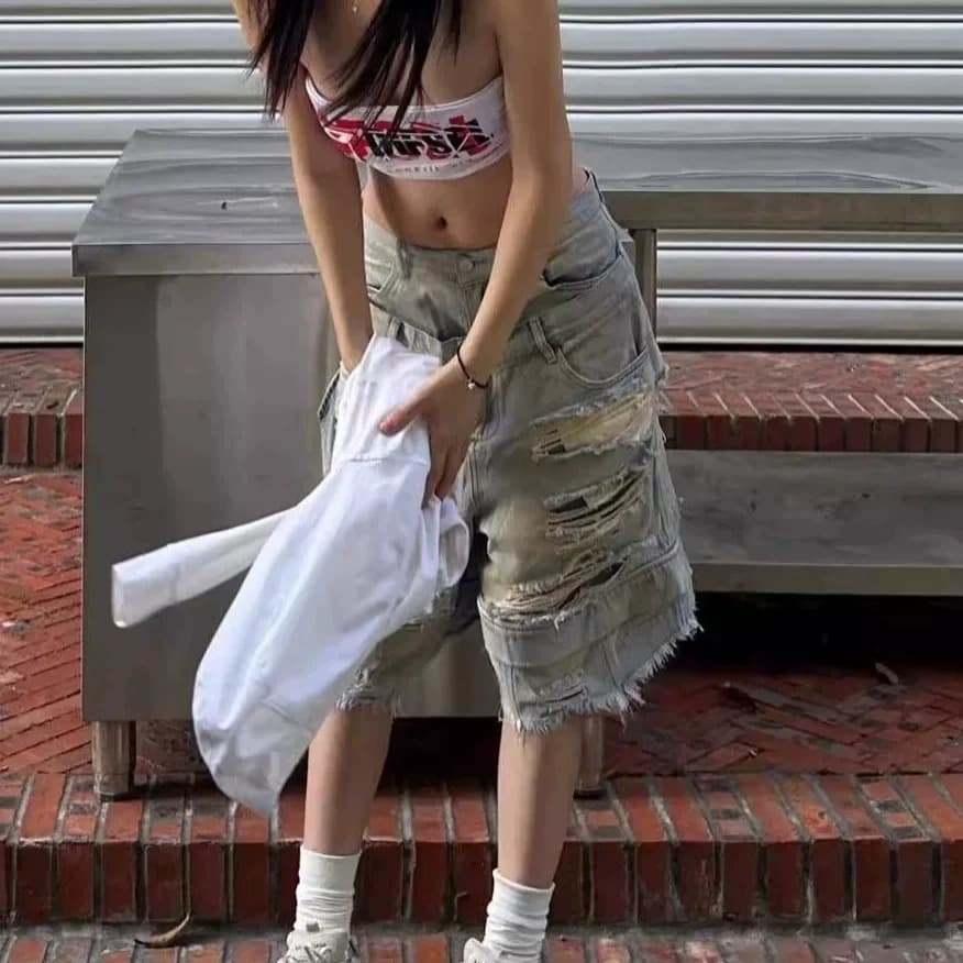 아메리칸 높음 거리 웃음 하 칼 절단 페이크 레이어드 찢어진 부분 데님 반바지 남자 여름 더블 바지 넓은 다리 바지 7부 바지 상세 이미지 2