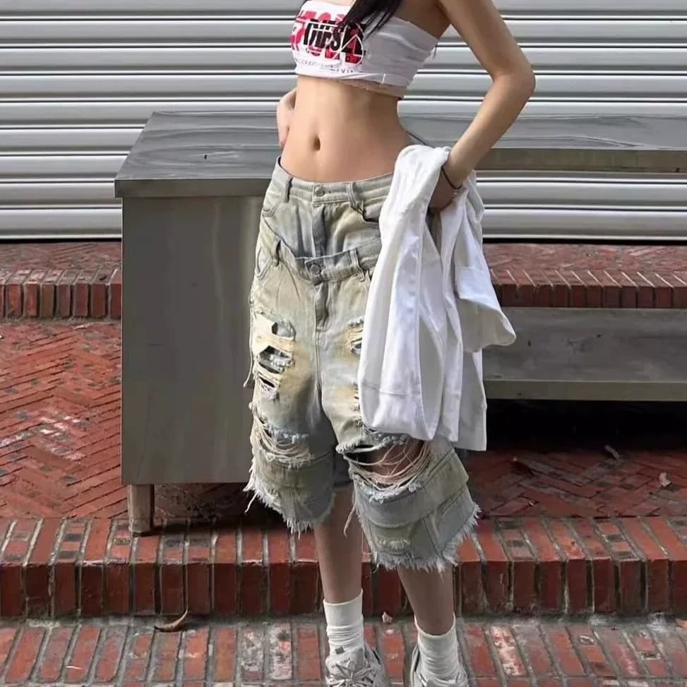 아메리칸 높음 거리 웃음 하 칼 절단 페이크 레이어드 찢어진 부분 데님 반바지 남자 여름 더블 바지 넓은 다리 바지 7부 바지 상세 이미지 6