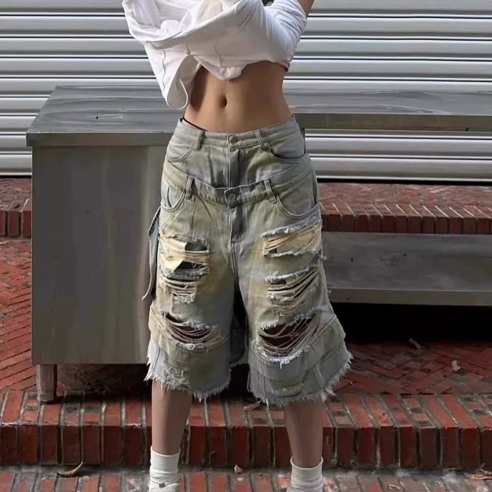 아메리칸 높음 거리 웃음 하 칼 절단 페이크 레이어드 찢어진 부분 데님 반바지 남자 여름 더블 바지 넓은 다리 바지 7부 바지 상세 이미지 10