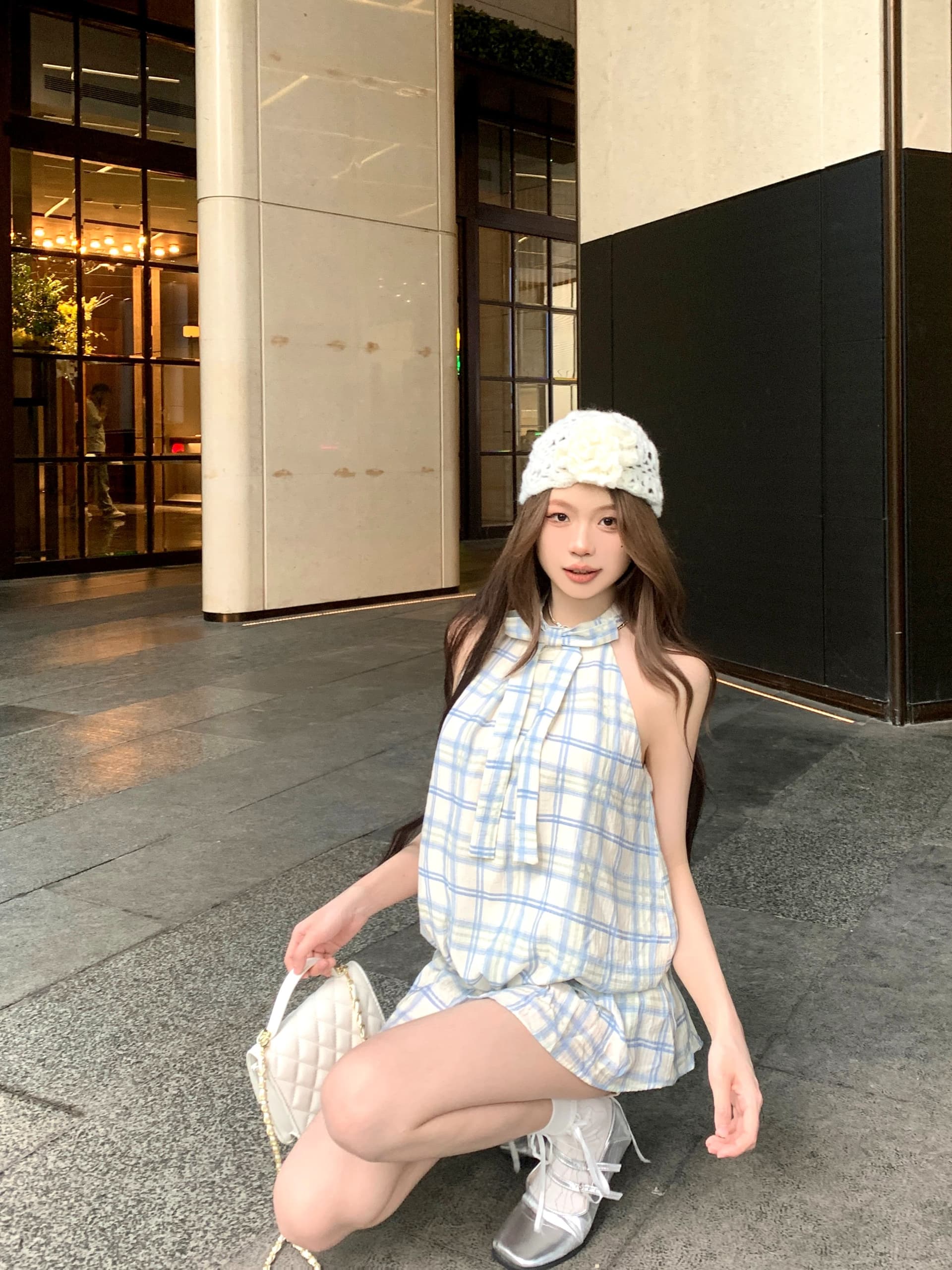 한 부서 ins 연령 감소 나비 매듭 체크무늬 행침 목 여성 드레스 여름 품격 캐주얼 슬림해 보이는 A라인 스커트 미니 스커트 트렌디 상세 이미지 6
