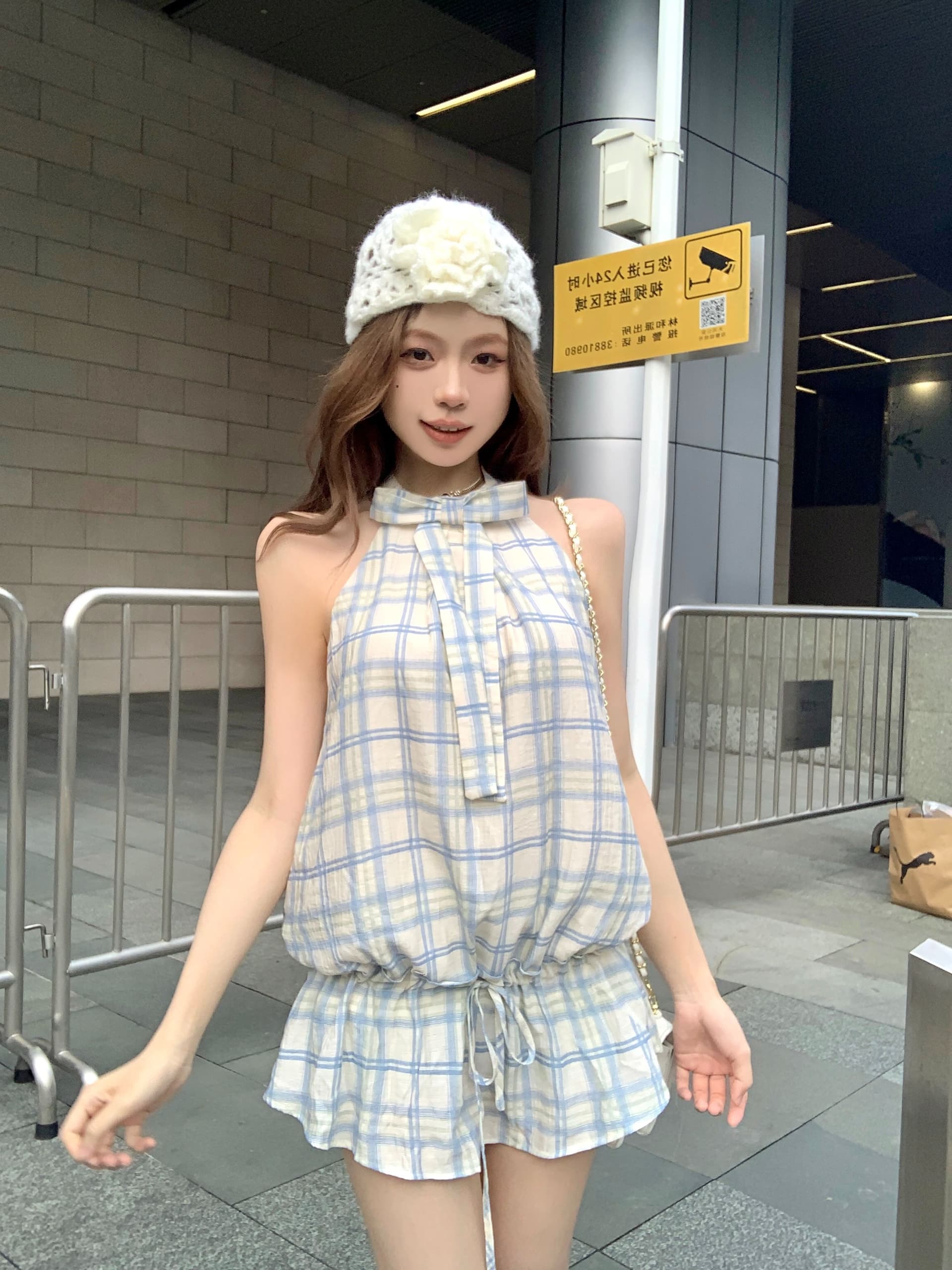 한 부서 ins 연령 감소 나비 매듭 체크무늬 행침 목 여성 드레스 여름 품격 캐주얼 슬림해 보이는 A라인 스커트 미니 스커트 트렌디 상세 이미지 11