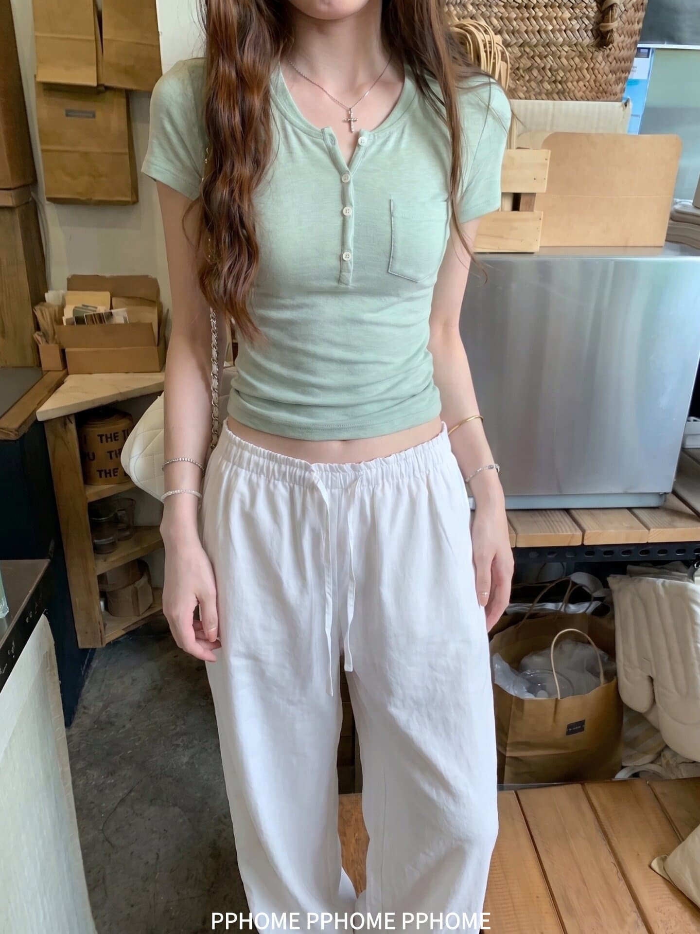 한국 스타일 아메리칸 훌륭함 면 대나무 마디 익스트림 제인 단추 헨리 칼라 반팔 티셔츠 여성 몸매 가꾸기 캐주얼 여름 단색 맨위 상세 이미지 9