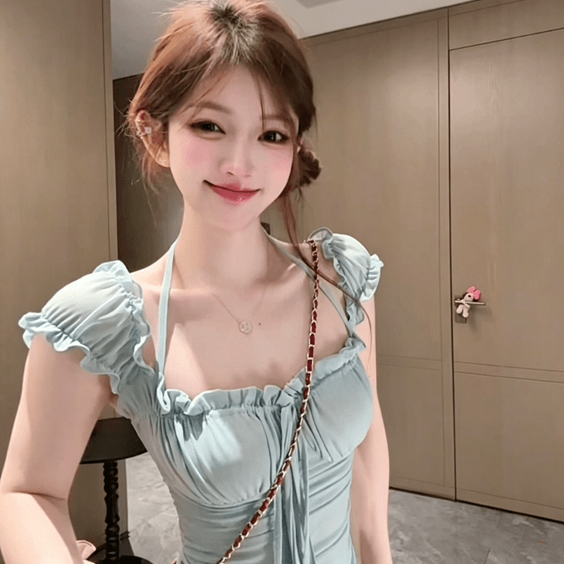 한국 chic 순수한 욕망 바람 섹시함 오프숄더 행침 목 캐미솔 여름 새로운 프릴 몸매 가꾸기 맨위 이미지 5