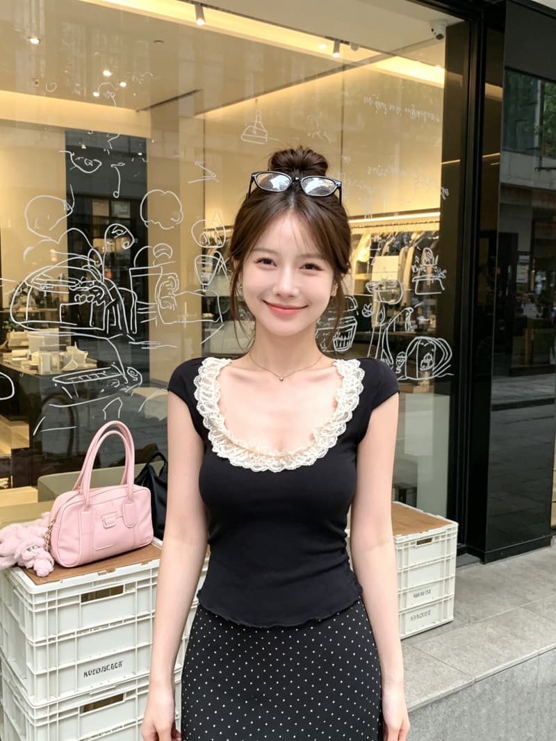 한국 스타일 아메리칸 순수한 욕망 u 칼라 레이스 측면 반팔 티셔츠 여성 여름 배색 작은 대중 몸매 가꾸기 다용도 쇼트 스타일 맨위 트렌디 상세 이미지 2