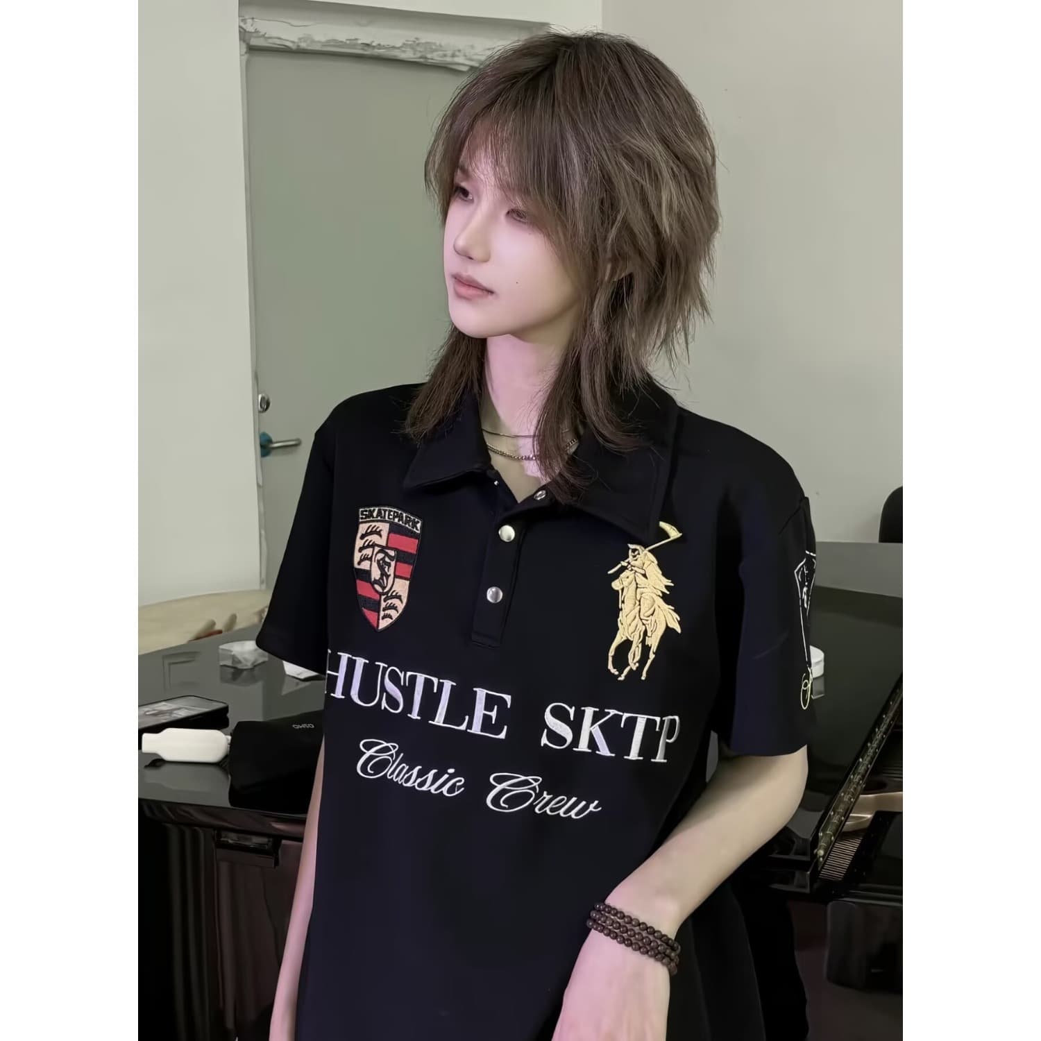 한국 스타일 새로운 아메리칸 여름 레이싱 티셔츠 무거운 자수 긍정적 인 어깨 POLO 칼라 단추 오토바이 반팔 여성 트렌디 상세 이미지 2