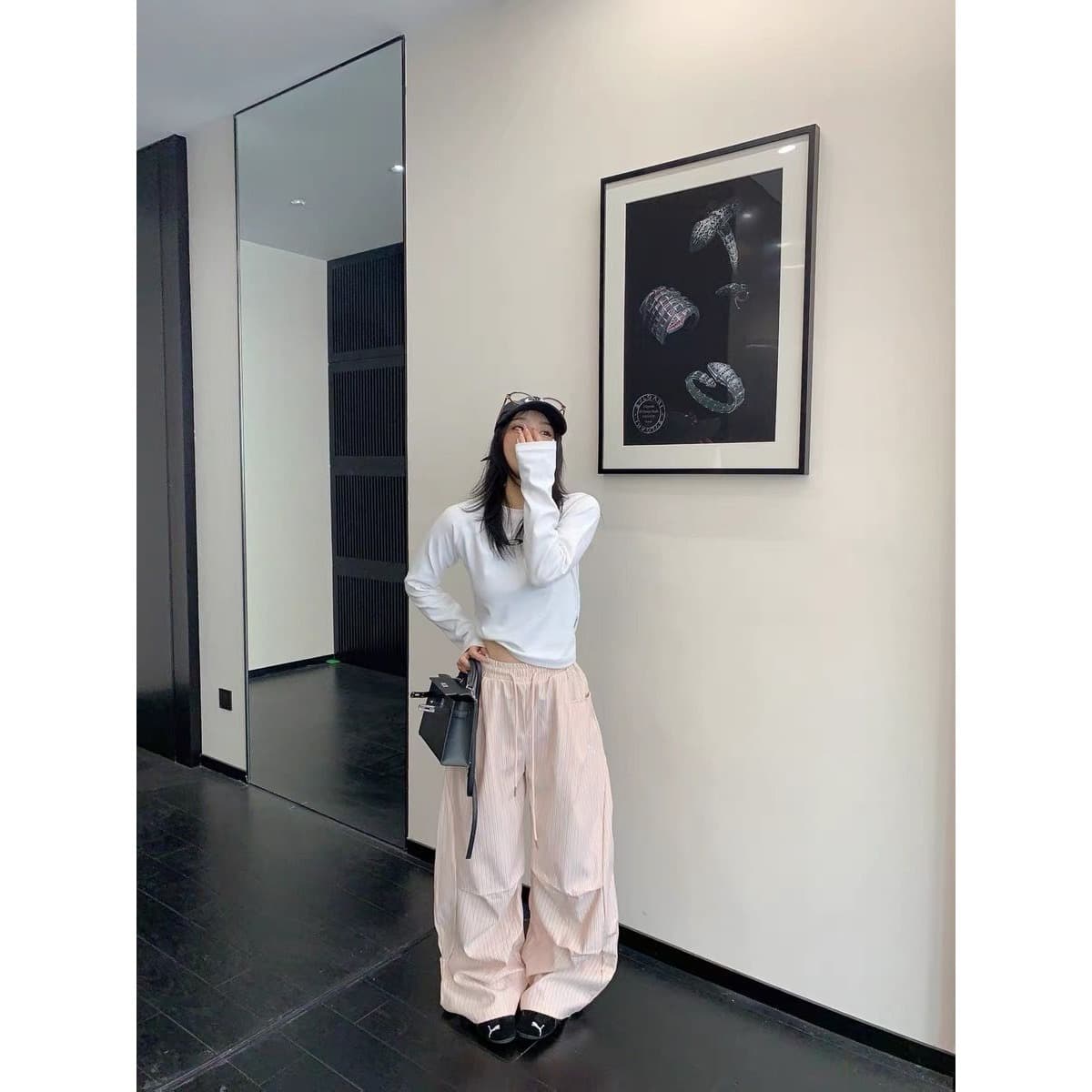 한국 chic 아메리칸 도파민 재즈 댄스 스트라이프 바지 아이들 도루 센스 얇은 스타일 루즈핏 워크웨어 스트레이트 와이드 레그 팬츠 상세 이미지 9